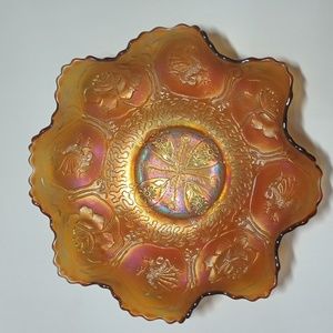 VTG Fenton 9" Low Ruffle Collar Base Marigold Carnival Glass Dragon & Lotus Bowl